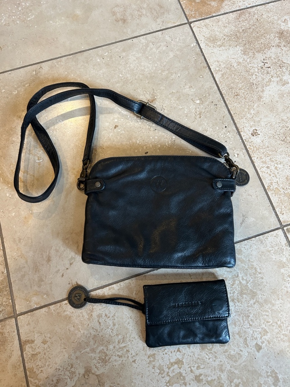Wanderers Black Leather Crossbody Bag with Matching Wallet